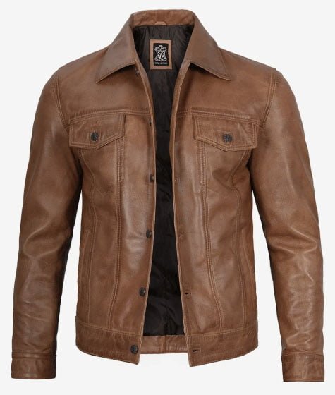 Real Leather Camel Brown Trucker Jacket