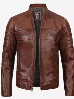 Cognac Cafe-Racer Leather Jacket