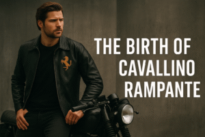 Man wearing Cavallino Rampante jacket on motorcycle